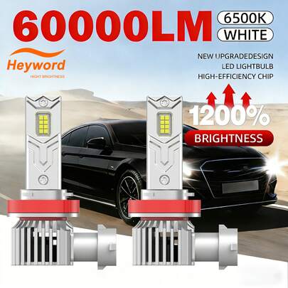 Heyword 9005/HB3, 9006/HB4, H1, H4, H7, H11 araçlar için 2 adet LED far ampulü, CANBUS hatasız teknolojiye sahip 60000LM ultra parlak uzun ve kısa far, %800 daha parlak 6000K soğuk beyaz, tak ve çalıştır, 80000 saat uzun ömür.