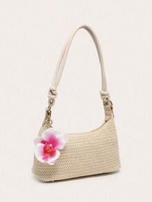 1pc Girls' Underarm Woven Baguette Bag, Lightweight & Casual Fashionable, Suitable For Beach Vacation Style, With Butterfly Decor Pendant, Suitable For Shopping And Holiday - Apricot 1 - View 2