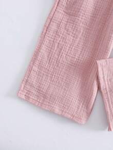 3pcs/Set Girls' Elastic Waist Solid Color Pants, Made Of 100% Cotton Double-Layer Gauze Fabric, Breathable, Decorated With Cute Ruffle Bow At Waist, Suitable For Spring/Summer, Travel Or Casual Daily Wear - Dusty Blue - View 4