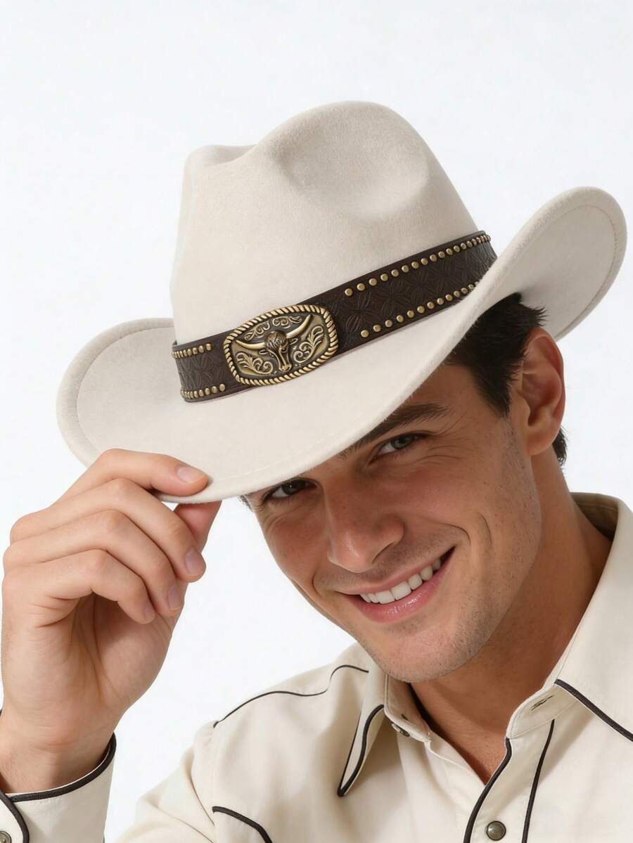 Retro Bull's Head Buckle Western Cowboy Hat - Men's And Women's Matching Wool Wide-Brimmed Hat - Sunshade Jazz Hat, Suitable For Parties, Western-Themed Events, Gatherings, Role-Playing, Graduation Ceremonies, Hiking Trips, Etc. - Golden Bull Top Hat - View 1
