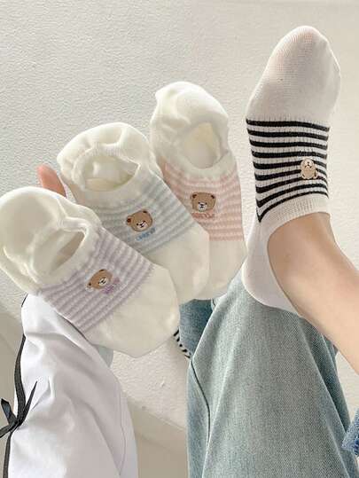 5 Pairs Women's Striped Bear Pattern Boat Socks, Non-Slip Comfortable Breathable, Suitable For Spring And Summer