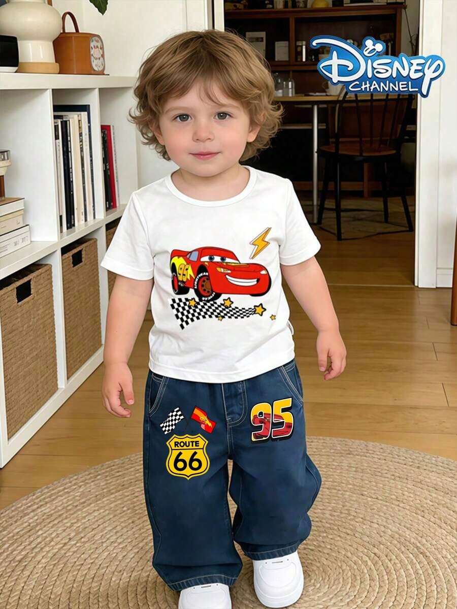 Disney's *Cars* Lightning McQueen (#95) Infant Denim & T-Shirt Two-Piece Set-Ideal For Spring/Summer Casual Wear, Vacation Outfits, Country-Bohemian Styles, Beachwear, Western Streetwear, And Rave Parties. - 白色 - 查看 1