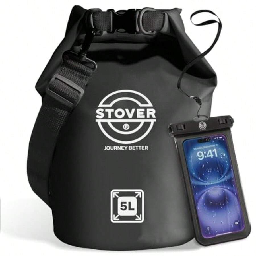 STOVER - Bolsa impermeable unisex de 5/10/25/30/40/55 L mochila pequeña ligera con cierre enrollable y funda para teléfono para kayak viajes senderismo pesca tubing campamento y playa negro - 5L Negro - Ver 1