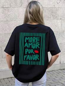 Tricou casual pentru femei cu mânecă scurtă și guler rotund - Model imprimat, Material moale și confortabil, Lavabil la mașină, Bluze de vară, Negru - Negru - Vizualizare 3