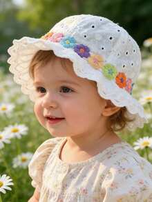 1pc Baby White Hollow Out Hat With Colorful Floral Embroidery, Suitable For Daily Wear And Photo Shooting - 1PC - View 2