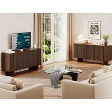 ONBRILL Walnut Brown 63" Fluted Sideboard Buffet Cabinet With Storage, Modern Credenza With 4 Doors, Large Sideboard Cabinet With Adjustable Shelves, Coffee Bar, Kitchen Cabinets For Living Room, Entryway - Walnut Brown BSB-217 - 查看 2