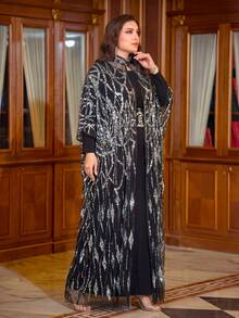 SUPGIR [Họa tiết ngẫu nhiên] Đầm dạ hội dài tay hai mặt có thắt lưng đính sequin phối màu dành cho nữ cỡ lớn - màu đen - Xem 4