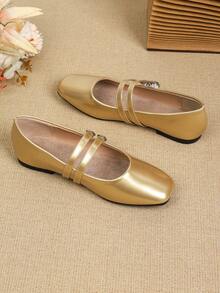 Giày bệt nữ kiểu Mary Jane một quai, đế mềm, kiểu dáng mới mùa xuân/thu, phù hợp với váy, có khóa cài. - Vàng - Xem 3
