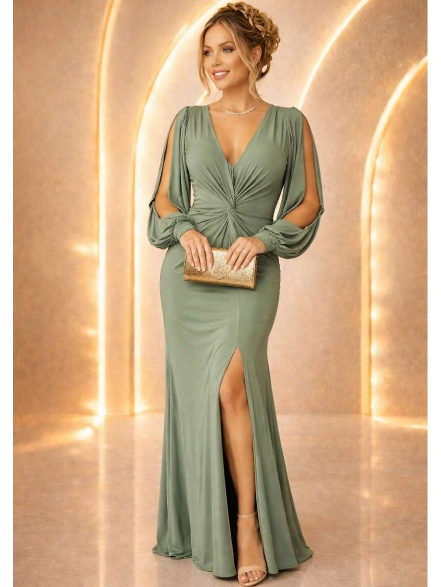 Bridesmaid Dress For Parties, Guests, Receptions, Graduations, Without Glitter, Long Sleeves, Sheer Fabric, And A Slit. - Màu xanh Ô liu - Xem 1