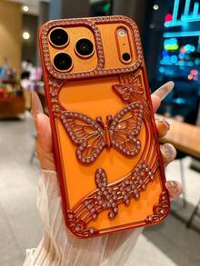 奢华闪亮蝴蝶水钻手机壳，兼容 17 Pro Max 17 Pro 16 15 14 13 12 Pro Max 14 15 16 Plus 11，渐变闪亮音符3D浮雕防震保护电镀手机壳，女士女孩适用 - 橘色 - 查看 5