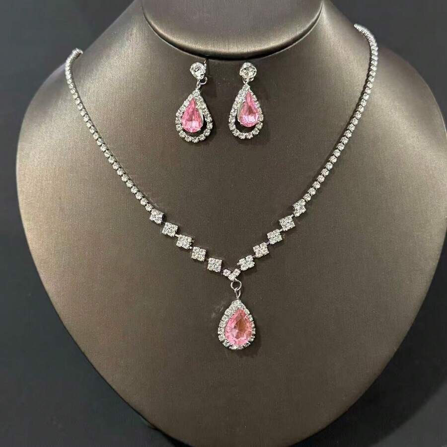 Bộ trang sức cưới đính đá Cubic Zirconia lấp lánh, gồm bông tai và dây chuyền, bộ trang sức đính đá. - Hồng - Xem 1