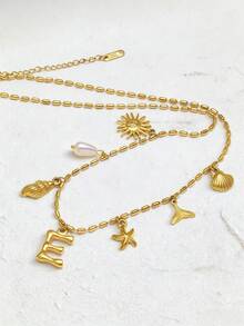 1 chiếc dây chuyền chữ bằng thép không gỉ mạ vàng 18K, kiểu dáng Ins, hình vỏ sò, ốc xà cừ, trang sức nữ, dây chuyền vàng, phong cách Bohemian, quà tặng tinh tế, hình sao biển. - Vàng - Xem 2