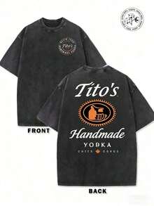 Summer Tops230g Washed And Used T-Shirt, Front Tito's Handmade Vodka Logo, Back With "AUSTIN TEXAS Tito's HANDMADE Vodka" Circular Text And Brand Logo, Tito's Vodka ThemeLoose And ComfortableSummer Lightweight Style Casual Washed T-Shirt - 黑色 3 - 查看 6