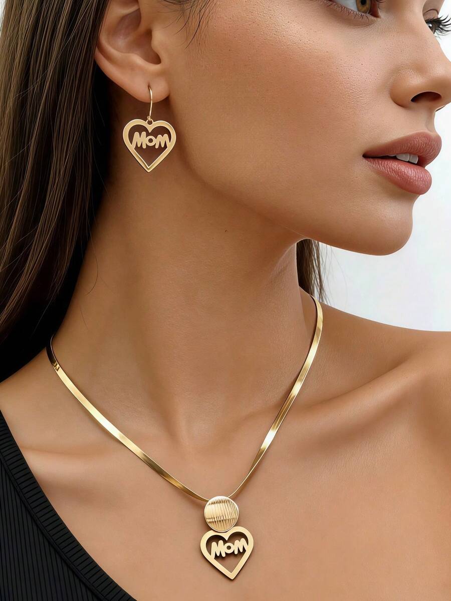 Bộ trang sức quà tặng Ngày của Mẹ 2 món - Dây chuyền dạng mắt xích dẹt với mặt dây chuyền hình đĩa vàng, bông tai hình trái tim rỗng khắc chữ "MOM", thích hợp làm quà tặng cho bạn bè, mẹ, nhân dịp sinh nhật, đeo hàng ngày hoặc ngày lễ. - Vàng - Xem 1