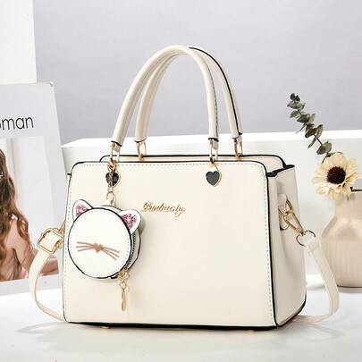 M MENGYISCC 2026 时尚简约白色手提包，精致猫咪吊坠，女士手提单肩包，大容量斜挎包，配有可爱的小猫配件，百搭设计，适合购物、办公、上学、工作、商务、通勤、户外活动、旅行和郊游，经久耐用且轻便。