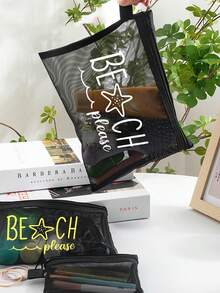Túi đựng mỹ phẩm lưới thoáng khí in hình sao biển nhiệt đới màu đen - Túi đựng đồ trang điểm bằng nylon với dòng chữ "Beach Please", nhẹ và tiện dụng cho bãi biển, hồ bơi, sử dụng hàng ngày, món quà lý tưởng cho Ngày của Mẹ. - Nhiều màu - Xem 3