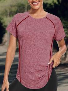 Women's Solid Color Sports T-Shirt - Round Neck, Lightweight, Short Sleeve, Elastic Polyester Blend, Suitable For Spring & Summer, Dyed Loose Basic Style, Casual Half Sleeve Blouse - Red - View 4