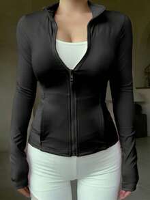 Women's Casual Zip-Up Sports Jacket, Regular Fit, Spring Women Coats - 黑色 - 查看 3