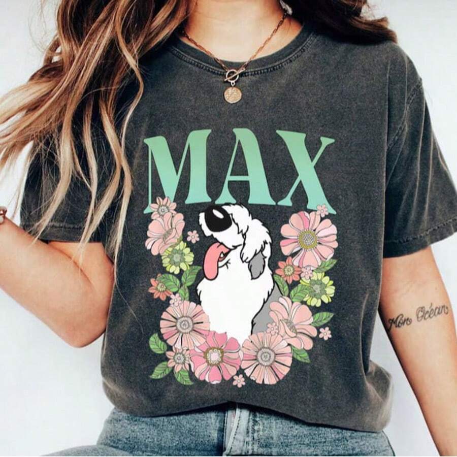 Max Dog Floral Retro Shirt, The Little Mermaid T-Shirt, Disney Dog Tee, Family Vacation, Disneyland Trip Gift For Dog Lover - 黑色 - 查看 1
