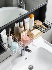 1pc Multi-Functional Iron Wire Storage Basket, Rust-Proof Grid Sorting Tray, Bathroom & Kitchen Dual-Use Shelf, Open Design Saves Space Large Capacity Storage, Suitable For Toiletries, Cosmetics, Condiments, Snacks, Small Items, Space-Saving Wall-Mounted/Tabletop Dual-Use Sorting Organizer - Black - View 8
