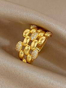18K Gold Plated Chain & Round Zirconia Stackable Ring Set, Fade-Resistant Adjustable Wide Open Ring, Elegant Women's Daily Jewelry - Multicolor - View 9