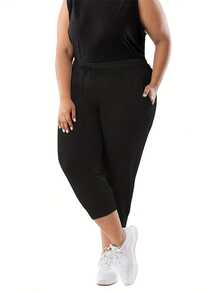 2-Pack Plus Size Women's High-Stretch Drawstring Jogger Capris - Side Pockets, Relaxed Cuffed Ankle, Year-Round Wear - 黑色+紅色 - 查看 2
