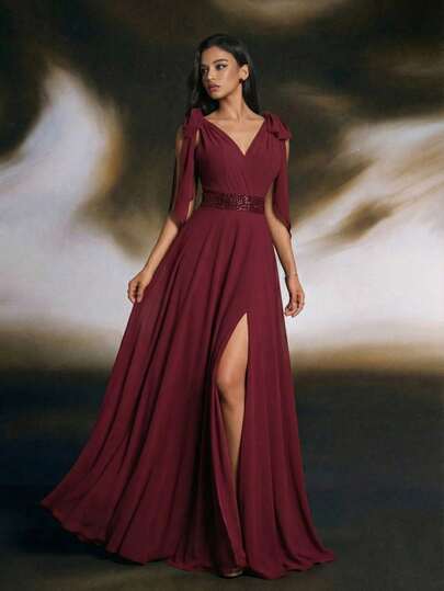 Smilprince Dignified Long V-Neck Bridesmaid Dress With Sequin Belt And Flowing Chiffon Cape Sleeves