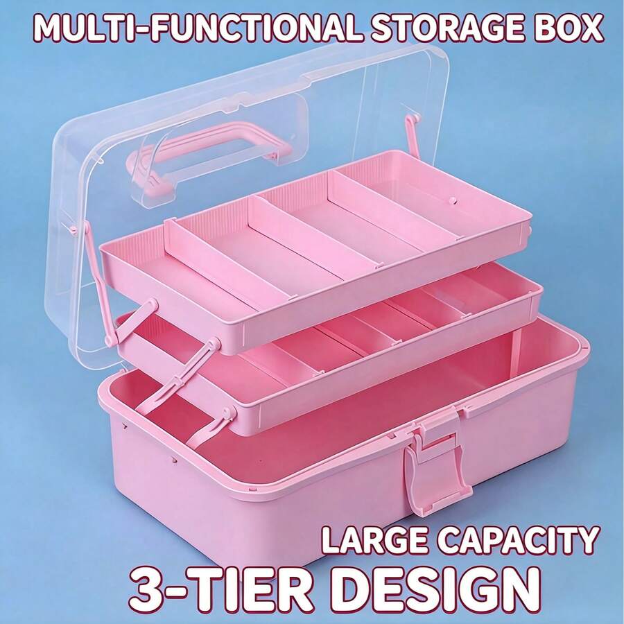 便携式三层翻盖收纳盒，有大号和小号两种尺寸可选（大号：12.8*7.09*5.51英寸/小号：10.43*6.10*5.12英寸），全新PP材质，无异味，隔层设计，收纳有序，多用途收纳盒，适用于艺术、工艺品、缝纫用品、工具、药品、旅行、家居、办公室、工作室等各种场合。