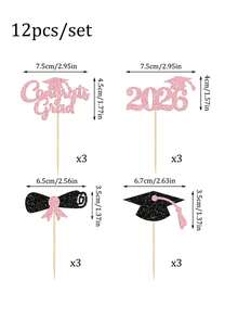 12pcs Congrats Grad 2026 Cake Toppers - Graduation Diploma & Cap Cake Decorations For High School, College 2026 Graduation Party - Black and Pink - View 2