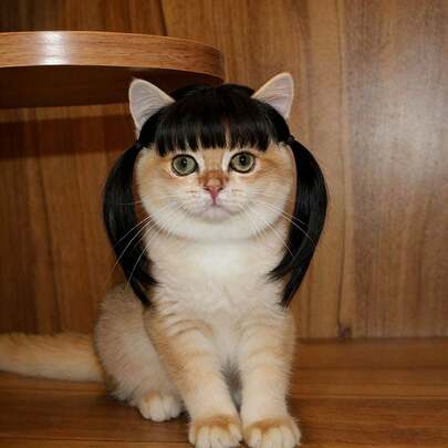 Cat & Dog Wig With Double Ponytails And Bangs, Funny Pet Costume, Social Media Influencer Style Cat Headpiece Photo Prop