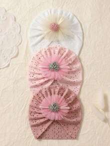 3pcs Baby Mesh Flower Hat Set, Hollow Textured Infant Fontanel Cap, Cute Girl Headwear, Maternity & Baby Accessories, Suitable For All Seasons - Multicolor - View 1