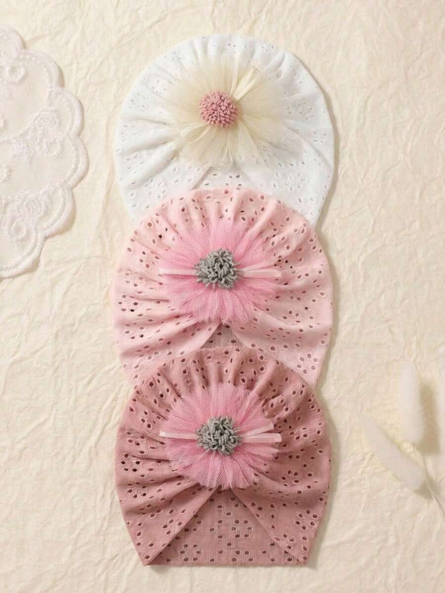 3pcs Baby Mesh Flower Hat Set, Hollow Textured Infant Fontanel Cap, Cute Girl Headwear, Maternity & Baby Accessories, Suitable For All Seasons - Multicolor - View 1
