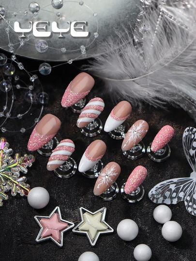 Mejora tu apariencia con un kit de 10 piezas de uñas postizas de estilo francés con puntas almendradas, de color rosa y blanco, con base de color rosa nude, de aspecto natural, con decoración tridimensional de cristales, cintas de colores y brillos, estilo europeo de cobertura completa, uñas acrílicas de longitud media, suministros de uñas con forma de corazón para mujeres y niñas, que incluye 1 lima de uñas mini y 1 hoja de pegatinas adhesivas, para arte de uñas de verano para festivales, uso diario, trabajo, fiestas y otros lugares