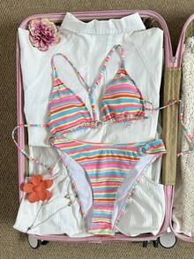 Bộ bikini hai mảnh hở lưng, buộc cổ, nhiều màu sắc kẻ sọc, thời trang mùa hè dành cho nữ, thích hợp cho bơi lội, kỳ nghỉ, bãi biển, du thuyền và các dịp khác. - Nhiều màu - Xem 3
