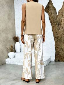Women's Summer Solid Plant Print Sleeveless Tank Top And Pants Casual Fashion Elegant Set - 卡其色 - 查看 2
