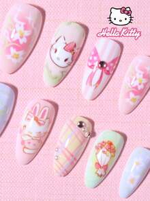 SANRIO 24pcs Y2K Style Colorful Fake Nails For Women, Includes Bow, Flower, Pearl And Rhinestone Decorations, Suitable For Valentine's Day, Parties, Comes With 1 Bottle Of Glue And 1 Nail File - Multicolor - View 4