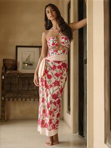 Conjunto de vestido midi de dos piezas con estampado floral, escote halter y recorte, para vacaciones - Multicolor - Ver 10