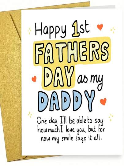 一张饱含深情的“祝我爸爸第一个父亲节快乐”贺卡。包含信封和优质哑光纸。活泼多彩的字体和爱心涂鸦设计。送给新晋爸爸的完美之选——充满温情的第一个父亲节贺卡（12厘米/4.7英寸 x 17厘米/6.7英寸）