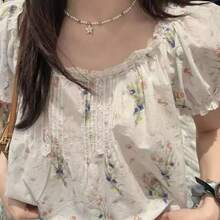 波西米亚风宽松娃娃衫印花衬衫，优雅圆领蕾丝拼接短袖衬衫，适合日常和度假穿着，轻盈透气，夏季必备 - 白 - 查看 9