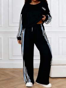 Plus Size Women's Striped Sports 2-Piece Set: Round Neck Sweatshirt With Multicolor Sleeve Print + Drawstring Waist Pockets Striped Wide Leg Casual Pants, Suitable For Spring, Summer, Autumn And Winter - Black and White - View 2
