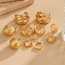 10 piezas Juego de aretes de metal geométricos de lujo a la moda, adecuado para combinar a diario, regalos para amigos, fiestas, reuniones (surtido aleatorio) - Dorado - Ver 6
