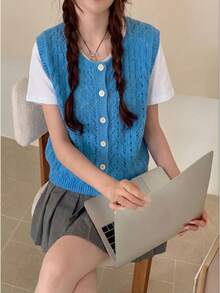 Alicedudu Áo khoác cardigan dệt kim tối giản, khoét lỗ, chất liệu mềm mại, đa năng cho mùa xuân và mùa hè. - Màu xanh lam - Xem 1