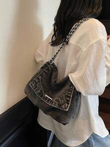 New Korean Style Chain Strap Large Capacity Denim Tote Bag, Casual Commuter Shoulder Bag For College Students - Black - View 5
