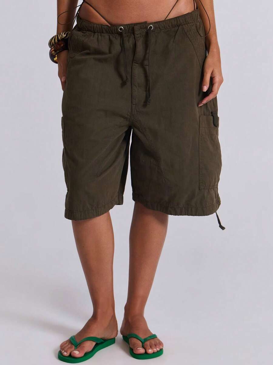 Women Y2K Baggy Bermuda Shorts Low Waisted Wide Leg Cargo Shorts Athletic Knee Length Shorts With Pockets Summer Casual Going Out Outfits - 軍綠色 - 查看 1