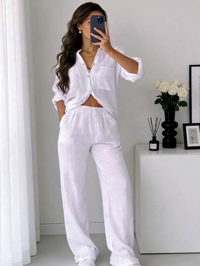 Conjunto de camisa de lino blanco con cuello y pantalones de pierna ancha para mujer, no elástico