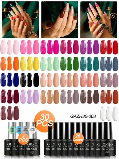 GIOIO 30件持久凝胶指甲油套装，包含26种UV凝胶颜色、4瓶底油和封层、哑光闪粉，适合女性在家美甲和美甲沙龙设计，颜色包括粉色、紫色、红色和蓝色。