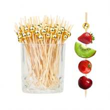[200 cái/100 cái/50 cái/20 cái/10 cái] Que xiên tre gỗ dùng một lần, chắc chắn và bền, thích hợp cho nhà bếp, nhà hàng, salad trái cây, đám cưới, tiệc tùng, thiết kế tròn đính hạt, có sẵn màu vàng/hồng/trắng - Vàng - Xem 3