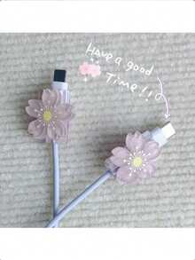 2 piezas Protector de cable de carga con forma de Sakura linda, material de TPU, sin batería incluida, universal, accesorio de cable de carga, accesorio de teléfono - Multicolor - Ver 5
