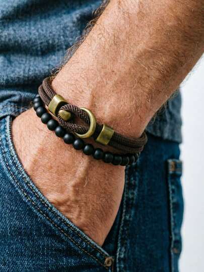 diffone 2 pièces/set Bracelet crochet de couleur dorée antique avec perles noires de 6 mm. Ensemble de bijoux cool pour hommes