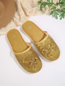 Dép bệt màu vàng đồng với họa tiết ren lưới thêu, dép bít mũi kiểu slip-on, dép đi trong nhà thoải mái, đa năng, thanh lịch dành cho nữ, thích hợp cho kỳ nghỉ xuân/thu. - Vàng - Xem 7